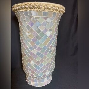 Glass White Mother of Peal Mosaic Hurricane Candle Holder Vase 11"